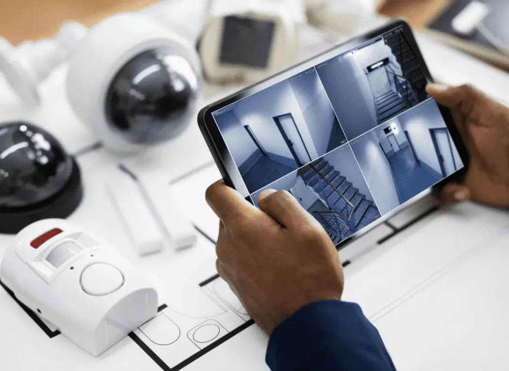 Person monitoring home security cameras on a tablet screen, showing live footage from multiple smart cameras.